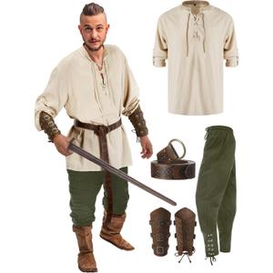 Jiuguva 4 Pcs Halloween Men's Renaissance Costume Set Medieval Pirate Shirt Ankle Banded Pants Viking Belt Accessories