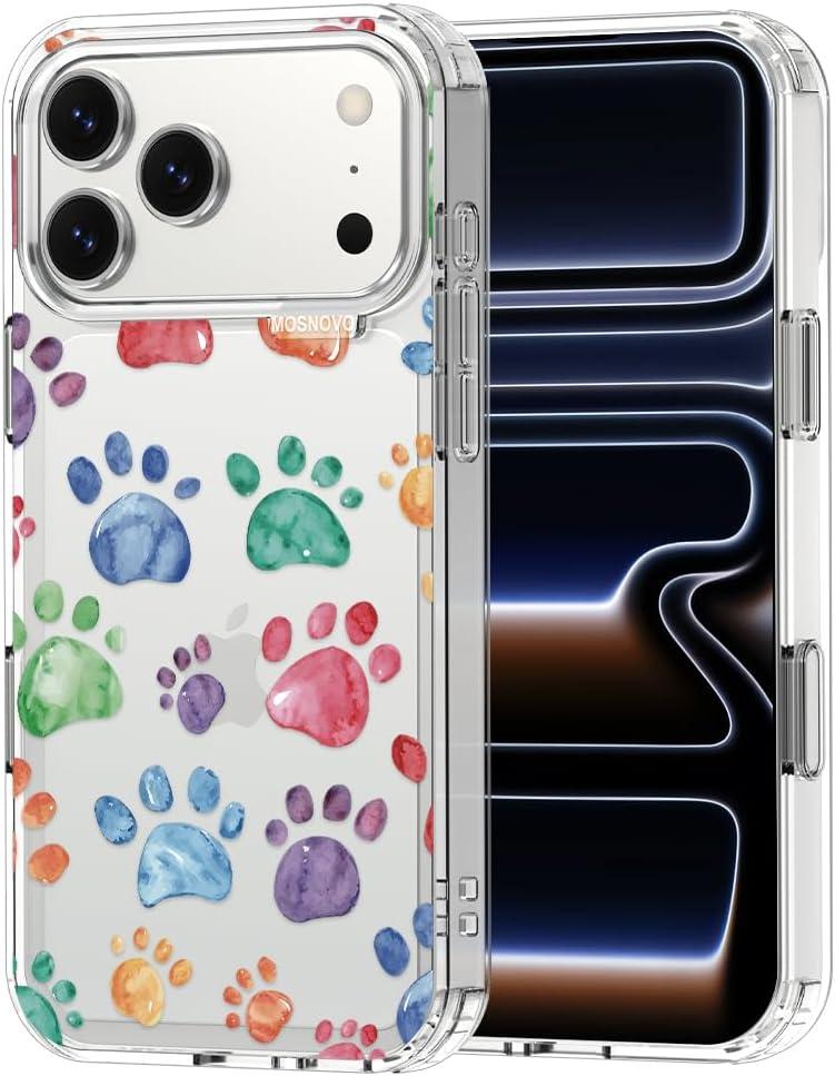 MOSNOVO for iPhone 17 Pro Max Case | Military Grade 6.6ft Drop Tested | Camera Control | Clear with Colorful Paw Design