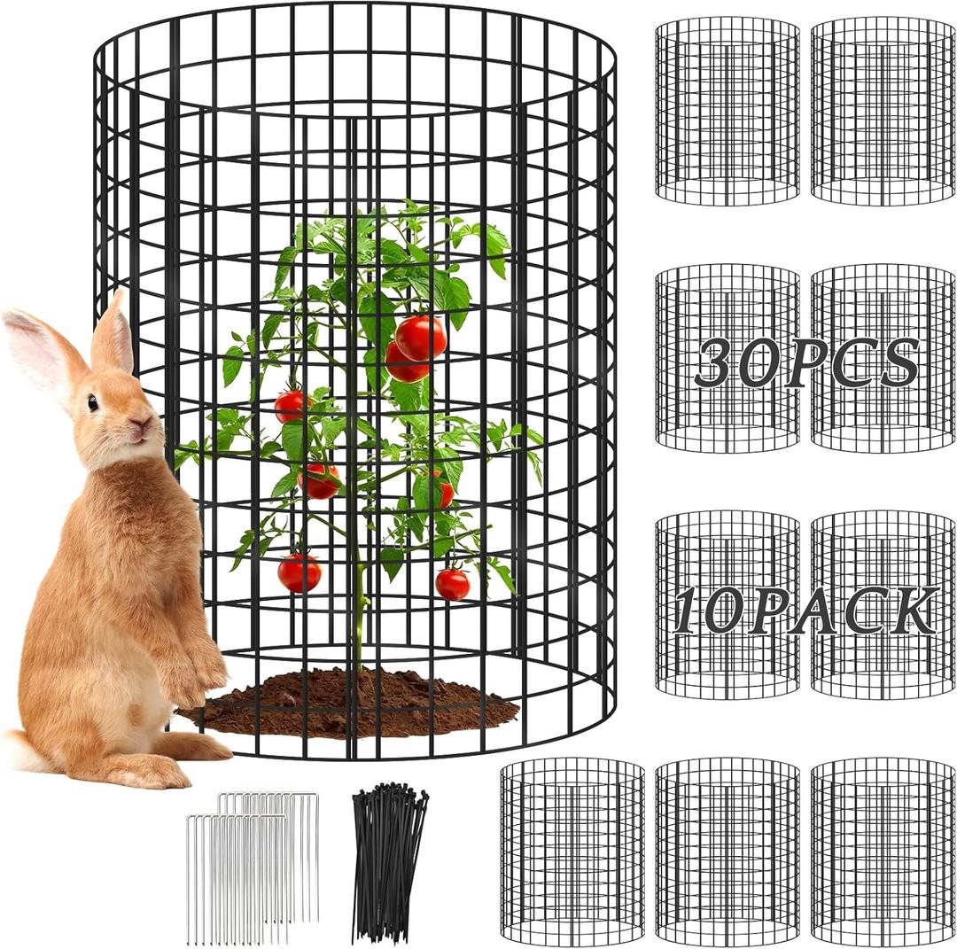 30Pcs 12"x 16" Large Wire Plant Protectors from Animals, 10 Packs Metal Plant Cages Mesh Chicken Wire Cloche with Nylon Ties and Ground Stakes, Garden Cloches for Plants, Poultry, VegetablesBlack