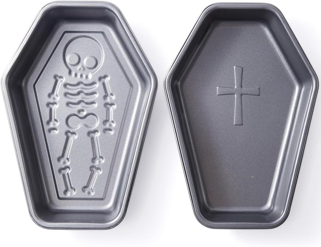Coffin Cake Pan Set of 2 - Skeleton & Cross Nonstick Carbon Steel Baking Pans, 10 x 6.9 in, Gothic Halloween Coffin-Shaped Cake Pans for Brownies, Loaf Cakes and Party Desserts