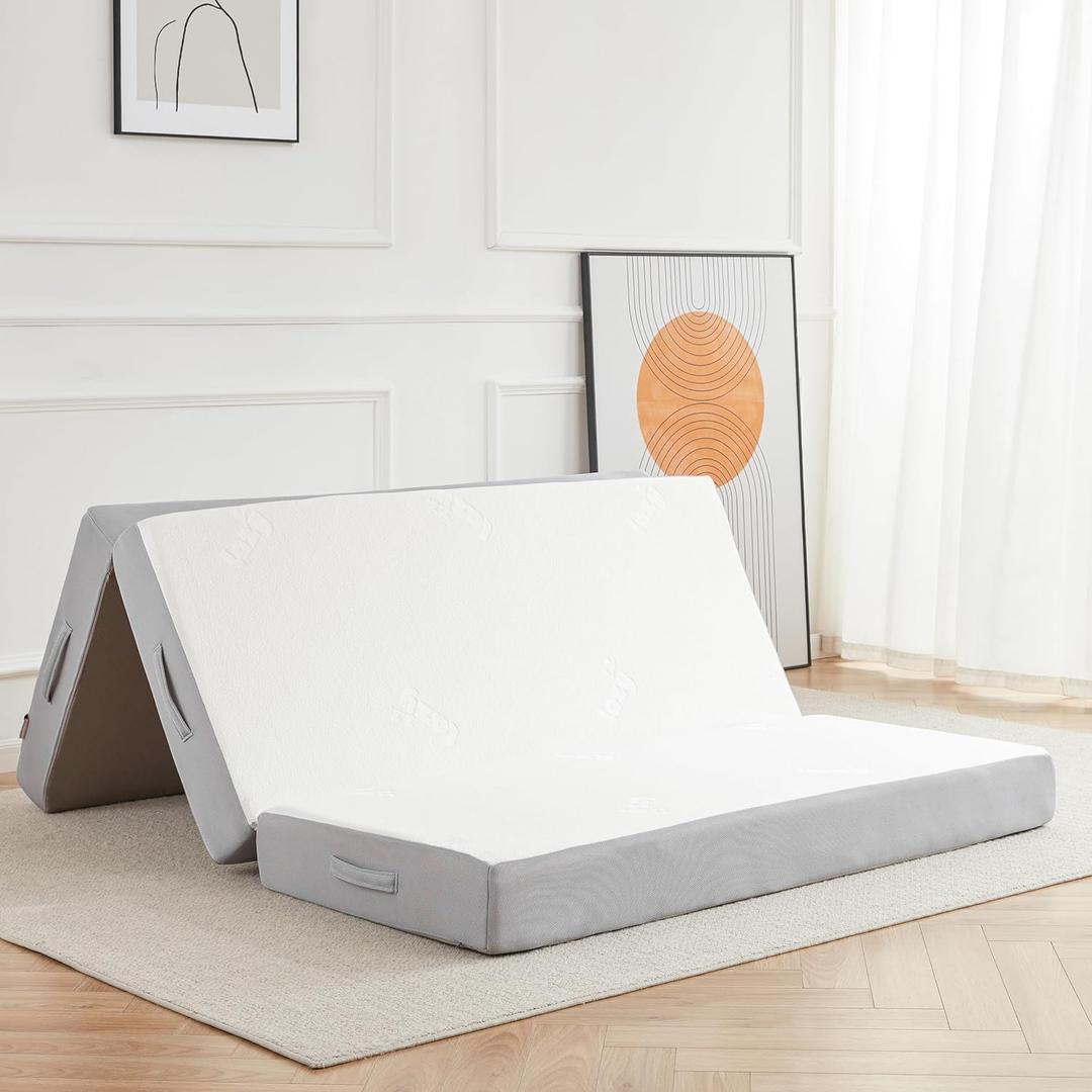 Folding Mattress, 6 Inch Memory Foam Tri-fold Mattress with Breathable & Washable Bamboo Fiber Fabric Cover, Foldable Guest Bed for Camping, Road Trip, Queen, White