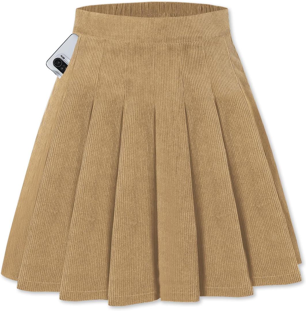 SANGTREE Women Corduroy Pleated Skirts High Waist Winter with Comfy Casual Elastic Band Without Shorts (Small, Khaki)