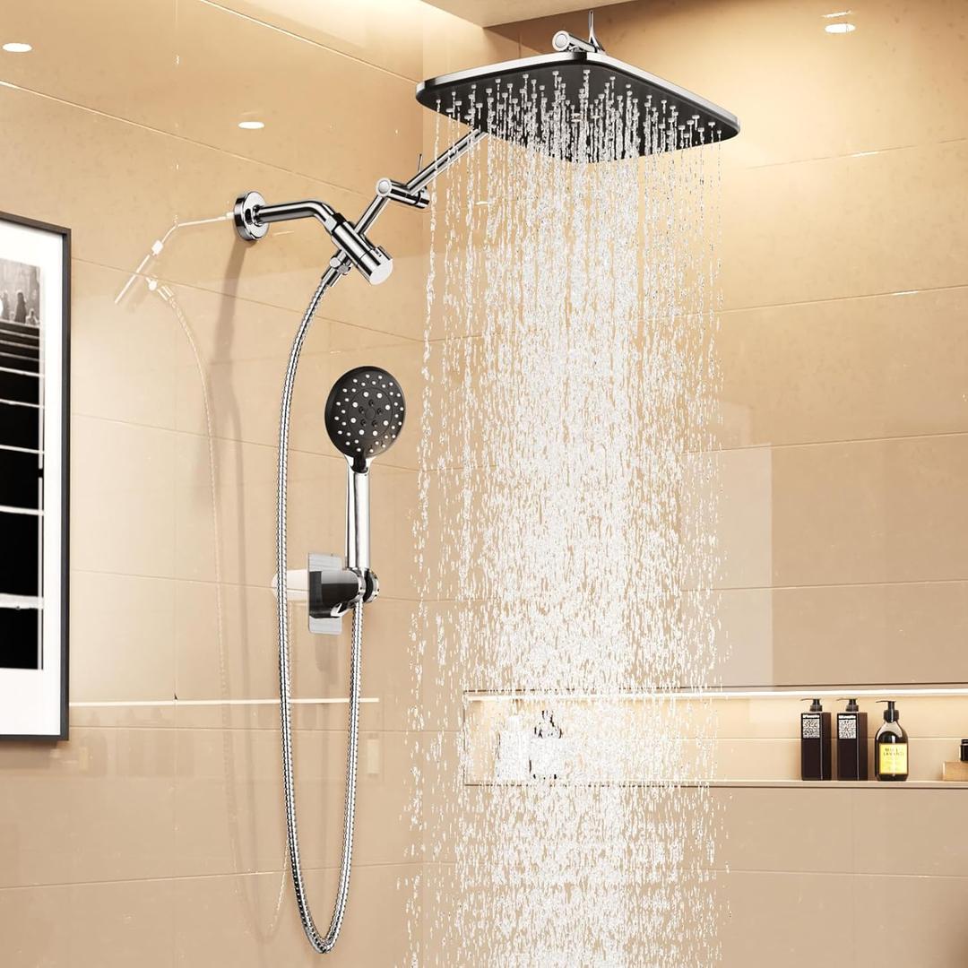 Veken 11.8" Rain Shower Head with Handheld, High Pressure Handheld Shower with Multi Spray Modes, Rainfall Combo with Metal Extension Arm, Detachable Dual Showerhead, Bathroom Decor, Chrome Silver (11.8 Inch (Upgraded) +22% Mixed Mode Flow)