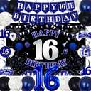 16th Birthday Decorations for Boys Girls, Blue Black Happy 16th Birthday Party Decorations, Happy 16th Birthday Backdrop, 16 Foil Balloons, Banner, Balloons, Hanging Swirls, Birthday Cards Set 45pcs