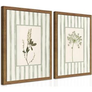 Sage Green Wildflower Wall Art Set of 2, Cottagecore Floral Botanical Canvas Wall Decor, Vintage Rustic Striped Flower Posters Prints Pictures for Living Room Bedroom Bathroom 16x24 Inch Framed