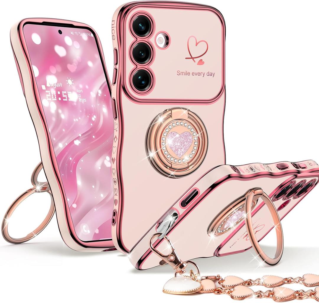 for Samsung Galaxy S25 Plus Case with Stand, Double Ring Kickstand Case, Women Girls Cute Curly Wavy Frame Love Heart Glitter Bling Luxury Phone Case for Galaxy S25 Plus Cover, Pink