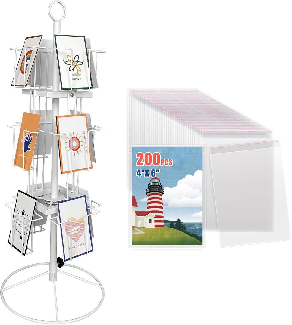 Tongmo Rotating Greeting Card Stand - 12-Pocket Rotating Countertop with Clear Resealable Polypropylene Bags, Solution for Postcards, Brochures, and Greeting Cards (7H - 12 Pockets) (White)