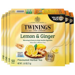 Twinings Lemon & Ginger Herbal Tea Individually Wrapped Bags, 50 Count (Pack of 6), Tangy Lemon & Spicy Ginger, Naturally Caffeine-Free, Enjoy Hot or Iced, 300 Teabags