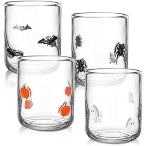 Skylety 4 Pcs Halloween Icon Glass Cups Set - 14oz Pumpkin Spider Bat Ghost Stemless Wine Glasses Double Old Fashioned Icon Hand Blown Drinking Cups for Halloween Party Supplies & Gift