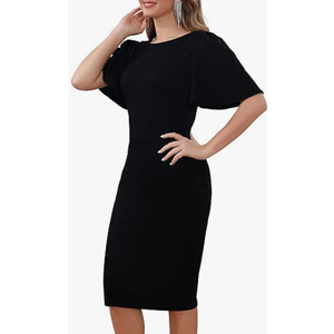 Aphratti Women's Short Sleeve Work Sheath Midi Dress Elegant Fitted Cocktail Party Church Funeral Outfit (L)