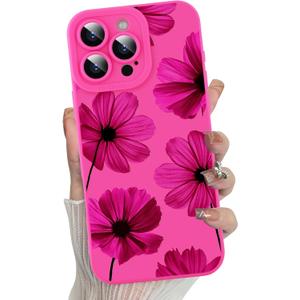 MZELQ for iPhone 16 Pro Case, Silicone Floral Flower Cute Pattern, Camera Protection Soft Slim Phone Case for Phone Case -Hot Pink