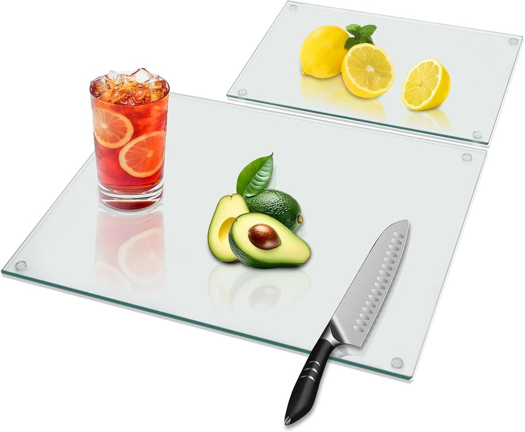 Tempered Glass Cutting Board for Kitchen Counter, Clear Cutting Board with Rubber feet, Glass Cutting Boards Set, Non-slip Heat-Resistant, Shatter and Scratch Resistant, Easy to Clean
