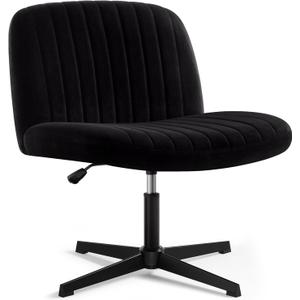 Criss Cross Chair, Velvet Cross Legged Office Chair no Wheels, Armless Wide Seat Desk Chair with Adjustable Height for Home, Vanity, Bedroom (Black)