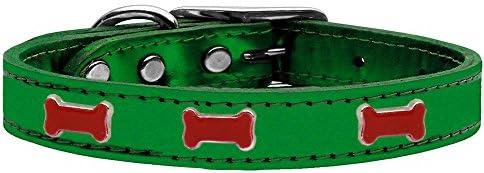 Mirage Pet Products Bone Widget Genuine Metallic Leather Dog Collar, Size 16, Emerald Green/Red