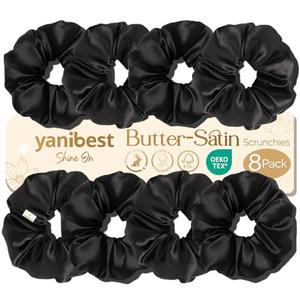 Yanibest 8 Pcs Satin Scrunchies - Silk Scrunchies Ponytail Holders, Soft Satin Hair Ties No Damage, Hair Accessories for Women, Black
