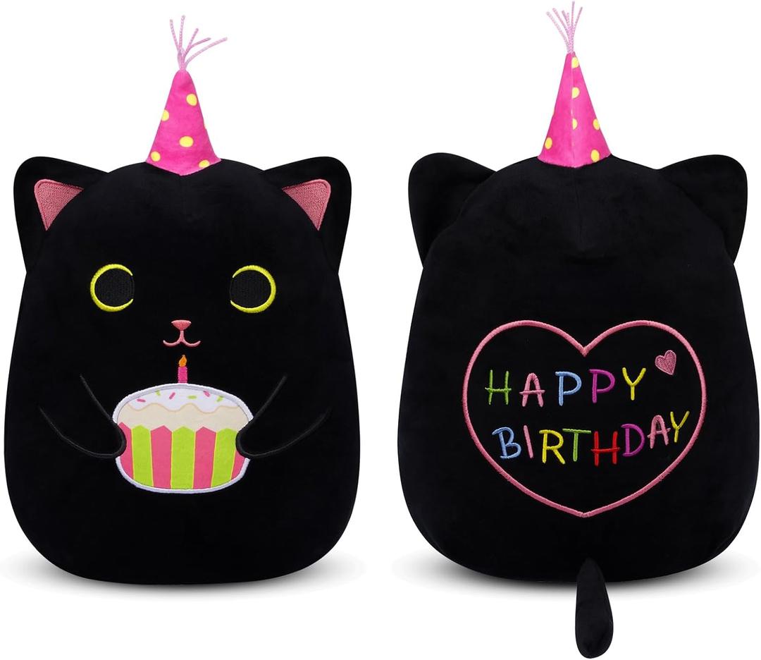 Cat Plush, 14inch Black Cat Plush Birthday Stuffed Animal with Cake, Kawaii Kitten Cuddle Pillow Birthday Gift for Kids Boys Girls Girlfriend