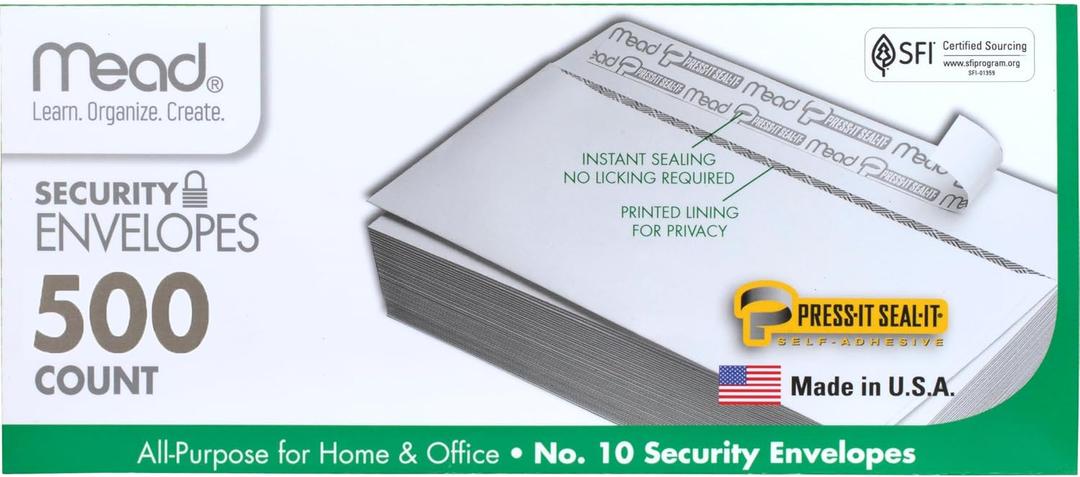 Mead #10 Security Business Envelopes Letter Size 4-1/8" x 9-1/2" Peel and Seal, Privacy Lined, No-Window, Press-It Seal-It Self-Adhesive for Home & Office Mailing, 500 Count (740010)