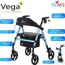 NOVA Vega Rollator Walker - Lightweight 18 lb Folding Mobility Walker, 8” Wheels, Adjustable Height, Hand Brakes, Padded Seat & Backrest, Sky Blue