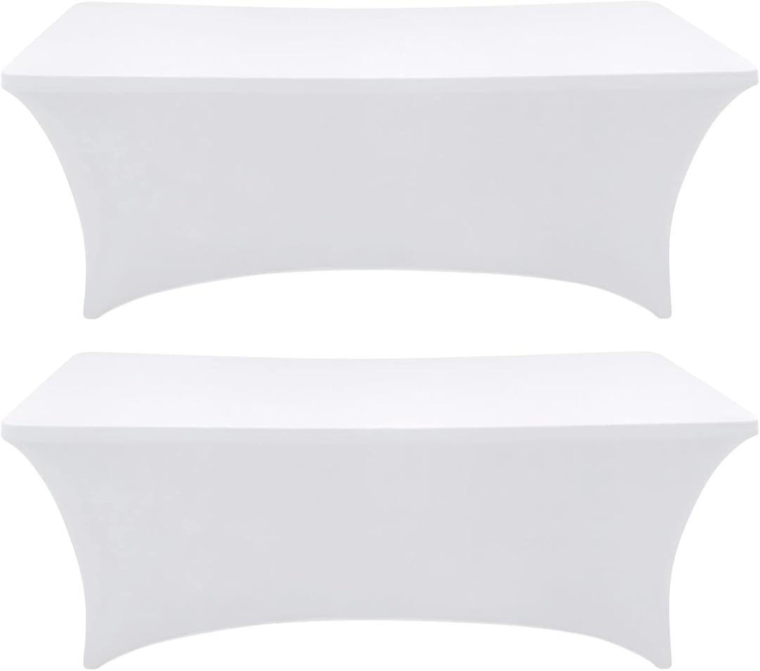 Spandex Table Cover 2 Pack 8FT White Fitted Tablecloths,Washable Wrinkle Resistant Stretch Table Cloth Rectangle for Party Hosting Supplies,Wedding Decorations,Vendor Display,Banquet