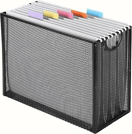 Sinboun Hanging File Organizer Letter-Size File Holder Filing Box Includes 5 Hanging Folders - Metal Mesh Magazine Letter Storage Cabinets File Cart for Office Home School, No Assembly Required