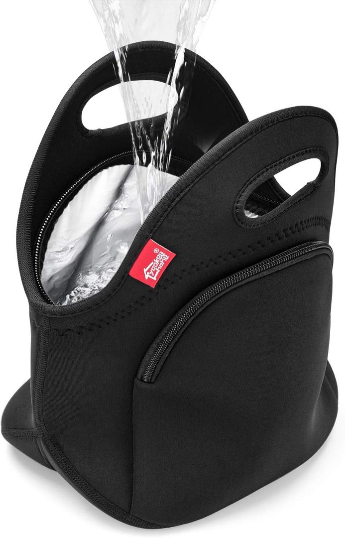 yookee home Waterproof Lunch Bag Double Layer Leakproof Neoprene Insulated Lunch Bag Freezable Black Reusable Thermal Lunch Cooler Tote Lunch Box for Boys Men Women Adult Kids for Work Outdoor (Black with Pocket)