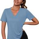 Kistore Workout Tops for Women Breathable V Neck Yoga T Shirts Trending Beach Casual Loose Fit Tee Running (Blue, L)