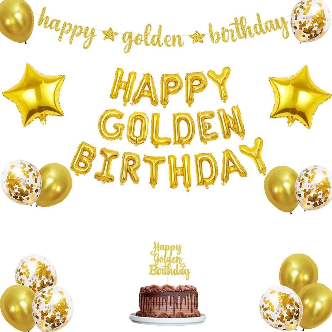 Happy Golden Birthday Balloon Banner,Golden Birthday Party Decorations With Gold Glitter Happy Golden Birthday Banner Cake Topper for 5th,21st,25th,30th,50th 60th Golden Birthday Party Supplies
