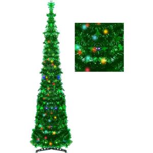 Artificial Christmas Tree with 100 Color Lights, 5 Ft Pop Up Collapsible Tinsel Christmas Tree, Christmas Decorations for Home Fireplace Party Indoor Outdoor (Green)