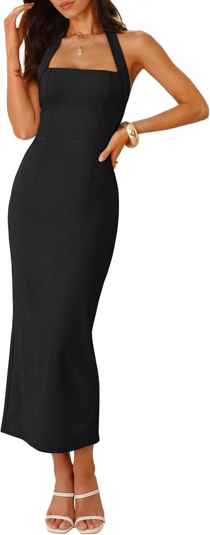 ZESICA Women's 2026 Summer Sleeveless Midi Dress Halter Neck Backless Wedding Guest Cocktail Party Bodycon Long Dresses (Black, L)