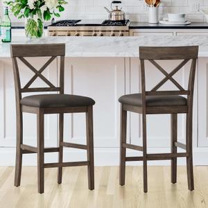 26" Wood Bar Stools Set of 2, Counter Height Bar Stools with Classical X-Shaped Back, Solid Barstools with Rubber Wood Frames and Faux Leather Seat, Rustic Brown 26" Wood Bar Stools Set of 2, Counter Height Bar Stools with Classical X-Shaped Back, Solid Barstools with Rubber Wood Frames and Faux Leather Seat, Rustic Brown