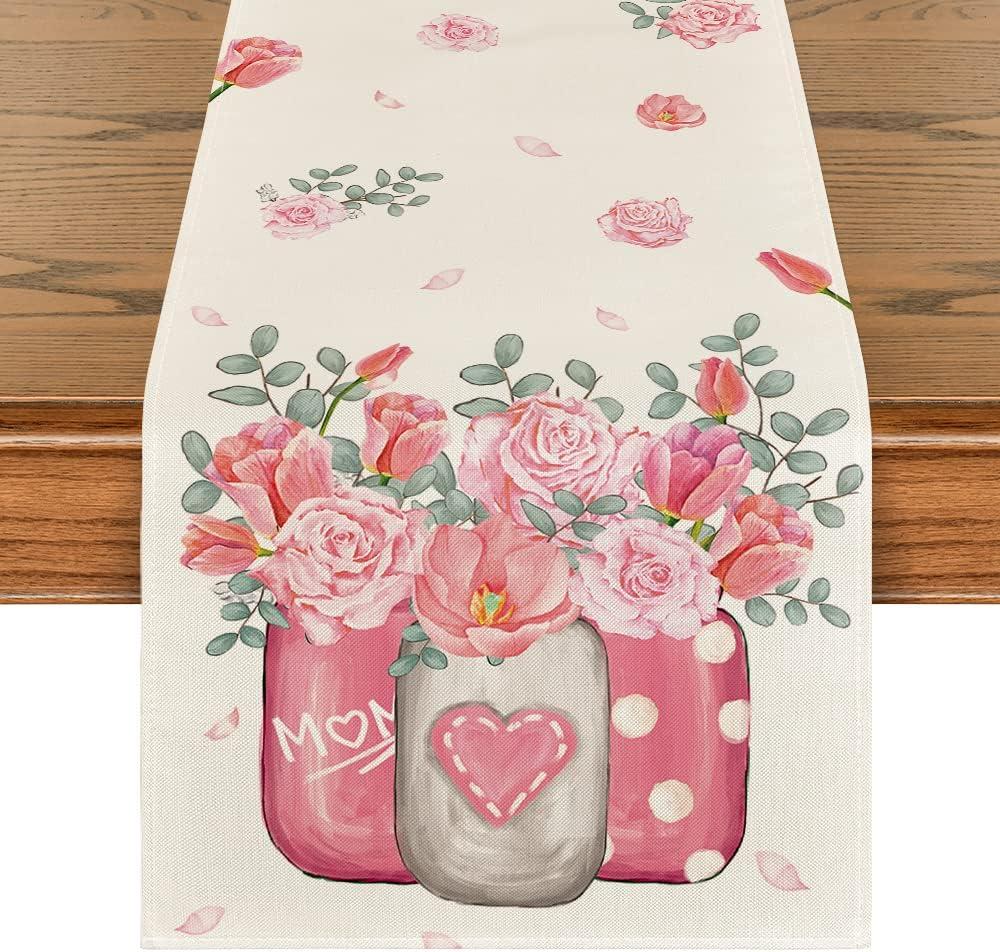 Artoid Mode Tulips Carnations Flower Vase Eucalyptus Mother's Day Table Runner, Kitchen Dining Table Decoration for Home Party Decor 13x72 Inch