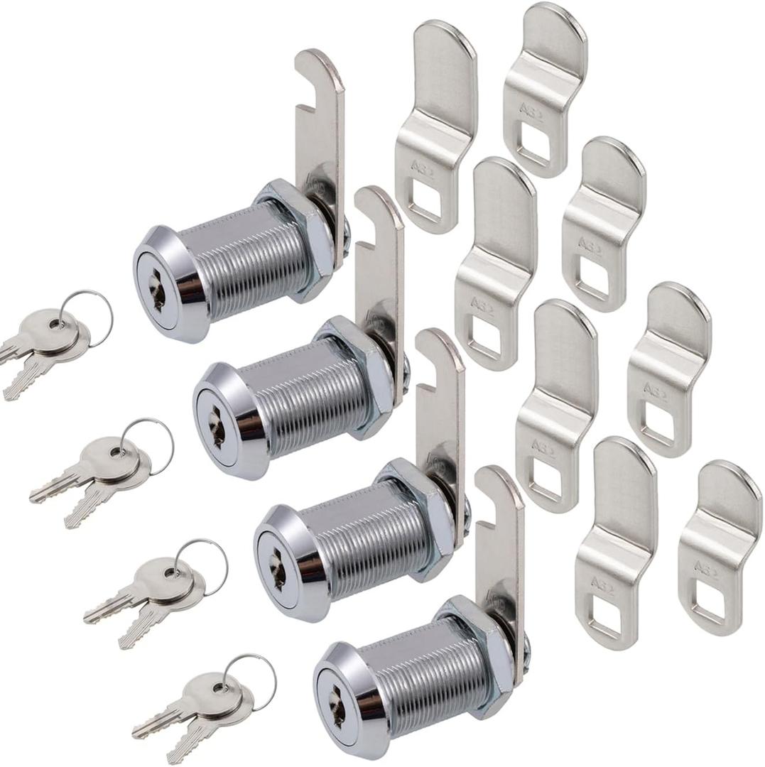 Cabinet Cam Lock, 1-1/8 Inch Keyed Alike Cam Locks Secure File Drawer Door Mailbox Tool Box Dresser RV Cylinder Replacement Lock Hardware, Fits on 1" Max Panel Thickness (4 Pack) Chrome Finish