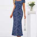 MEROKEETY Women Summer Floral Wedding Guest Maxi Dress 2026 Formal Short Sleeve Square Neck Bodycon Cocktail Party Long Dress (Blue, M)