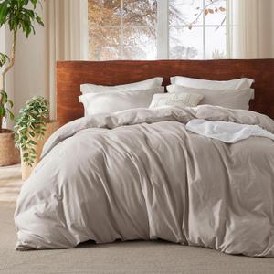 Bedsure 100% Washed Cotton Duvet Cover King Size - Natural Color Minimalist Cotton Duvet Cover for All Seasons - GentleSoft Plain Simple Bedding, 3 Pieces (Natural, King, 104"x90")