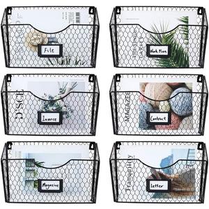 PAG 6 Pockets Hanging File Holder Wall Mount Mail Organizer Metal Chicken Wire Magazine Rack with Tag Slot, Black
