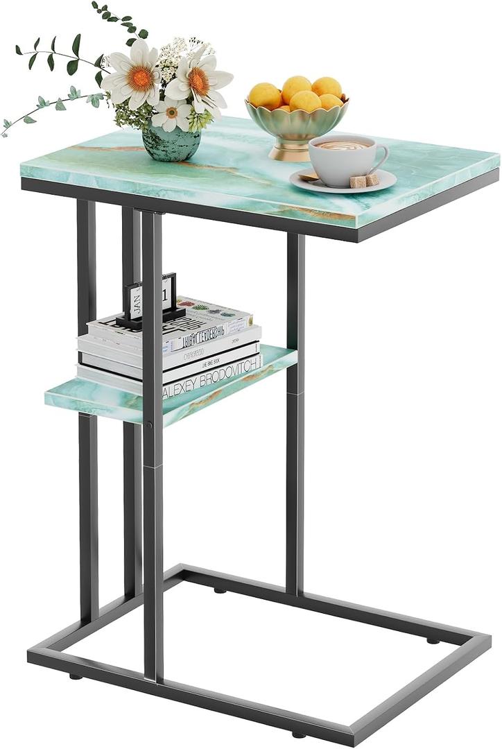 C Shaped End Side Table, Couch Sofa Table for Small Space, Snack Table with Metal Frame, TV Tray Table for Bed, Living Room, Bedroom, Bedside(Sea Blue), 15.6 X 11.7 X 23.4 Inches
