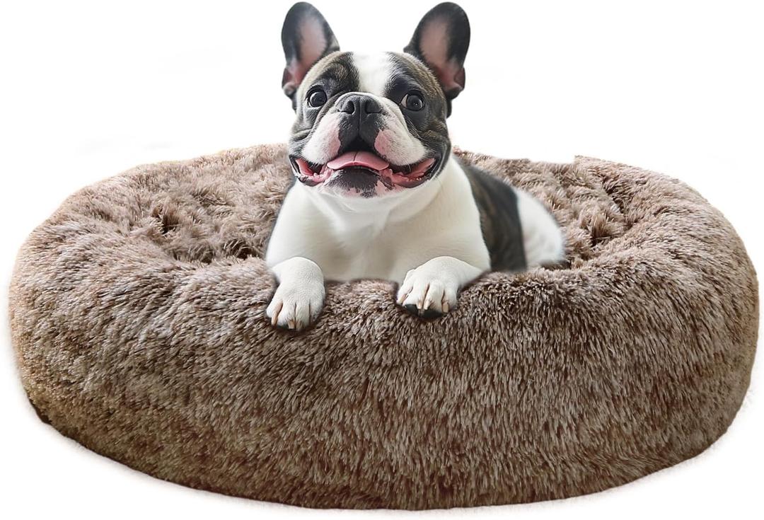 JOLLYVOGUE Medium Calming Dog Bed, Anti-Anxiety Donut Cuddler Cat Bed with Anti-Slip Bottom, Fluffy Faux Fur Machine Washable Pet Cushion for Medium Dog & Cat, 27"/Smoke Brown