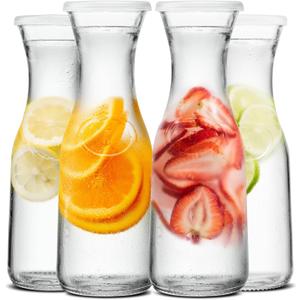 Kook Glass Carafe, Mimosa Bar Supplies, Carafe Pitchers with Lid, Glass Water Pitcher, Drink Dispensers for Parties, Tea, Wine, and Juice, Plastic Lids, Dishwasher Safe, 35 oz (set of 4)