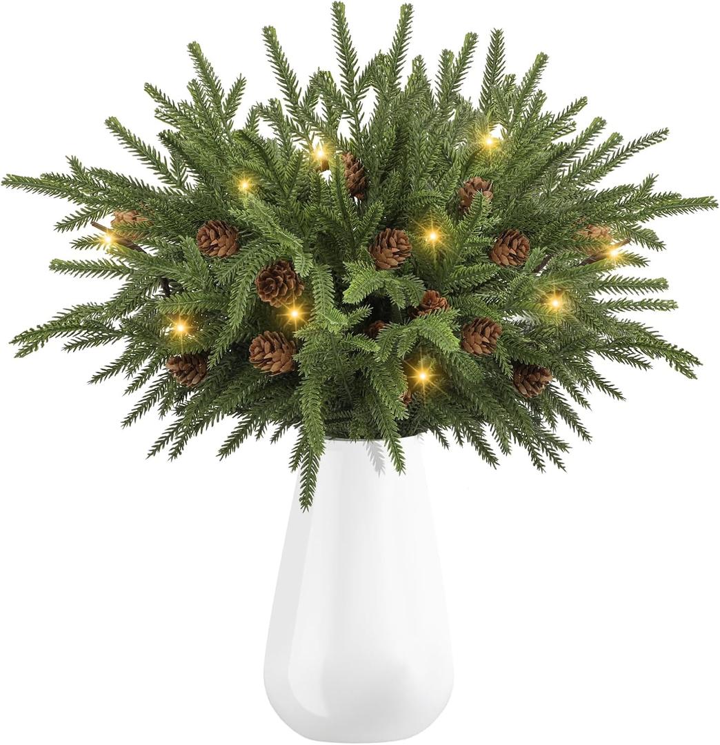 Dapclca Christmas Norfolk Pine Branches with Warm Light, Artificial Xmas Greenery Leaves Stems and Tree Branches for DIY Garlands, Wreaths, Crafts, Holiday and Home Centerpiece Table Decorations