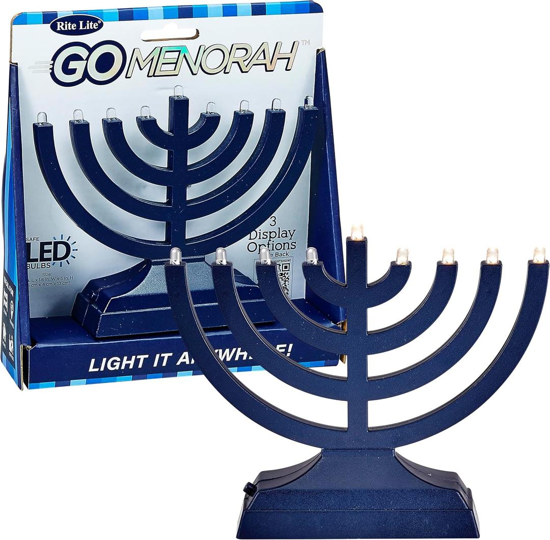Rite Lite Go Menorah Mini Metallic Electric Menorah - LED Battery/USB Powered Chanukah Menorah Jewish Holiday - Office Car Home Decorations Judaica Hanukkah Gifts, Push Button Multi Light - Blue