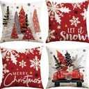 Artscope Christmas Throw Pillow Covers 18x18 Inch Set of 4, Let It Snow Snowflakes Truck Winter Christmas Decoration Pillow Cases for Home Sofa Couch Decor-Red