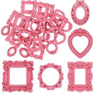 Vicenpal 25 Pcs Vintage Mini Picture Frames Baroque Antique Small Resin Jewelry Display Table Frame for Christmas DIY Photo Holiday Party Decoration (Pink)