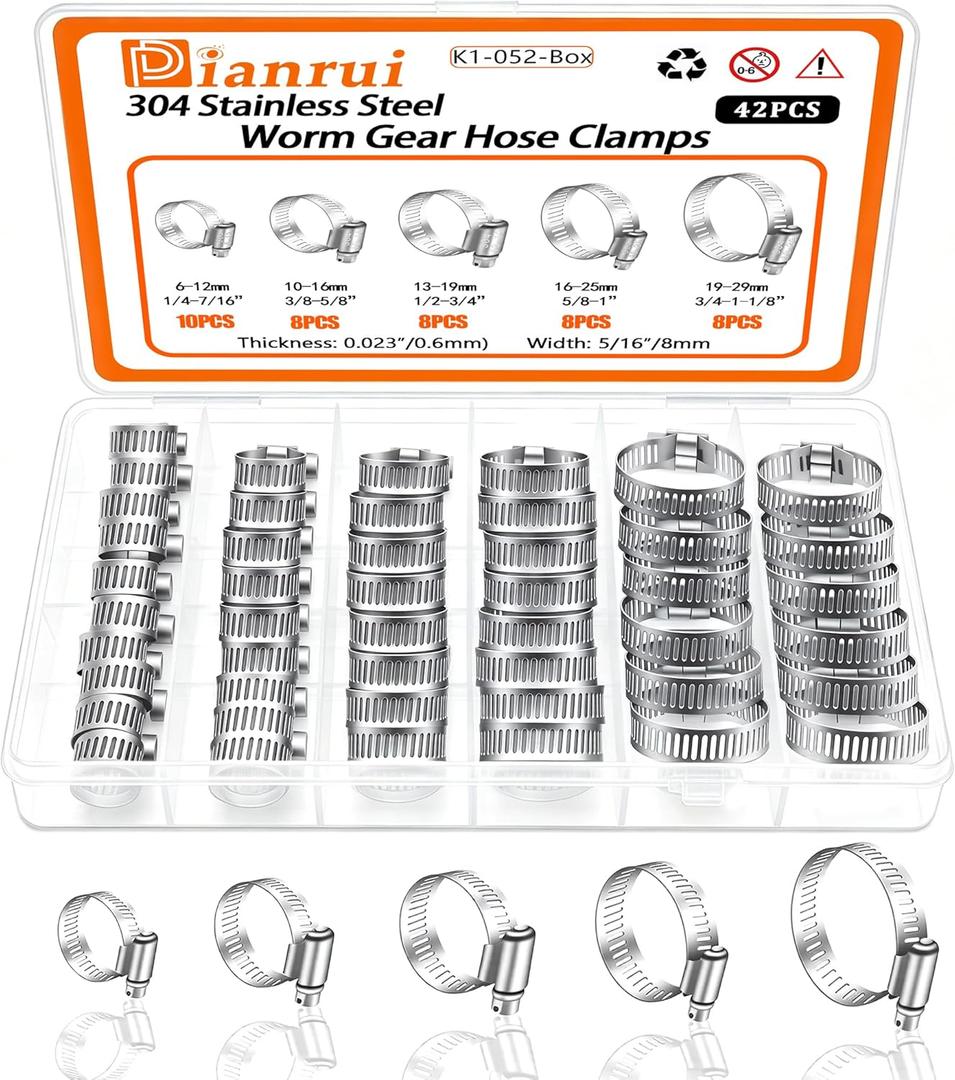 Dianrui 42 PCS Hose Clamps Assortment Kit 1/4"1-1/8" (6-29mm) Hose Clamps Stainless Steel 304 Worm Gear Fuel Line Hose Clamp for pipe, Fuel Line, Plumbing, Intercooler, Tube, Automotive and Marine
