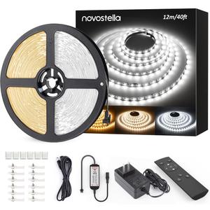 Novostella 40ft Tunable White LED Strip Light 1344 LEDs Dimmable 3000 K-6500 K 24V Remote Flexible LED Tape for Christmas Living Room Cabinet Counter Bedroom Home Kitchen Bar Ceiling Daylight Warm White (40ft (Non-Waterproof))