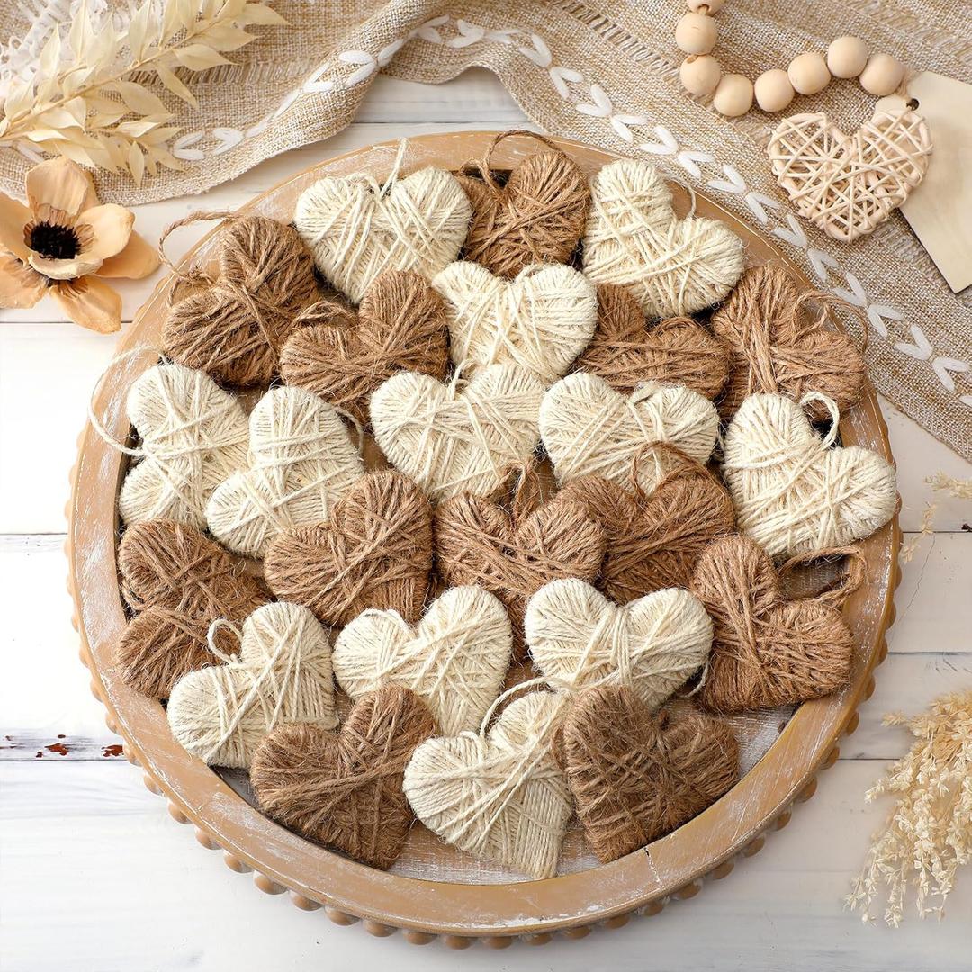 24 Pcs Neutral Valentine's Day Ornaments Boho Yarn Heart Ornaments 2.56 Inch Handmade Brown Cream Heart Vase Fillers Farmhouse Valentine's Day Decorations for Christmas Tree Home Party Decor