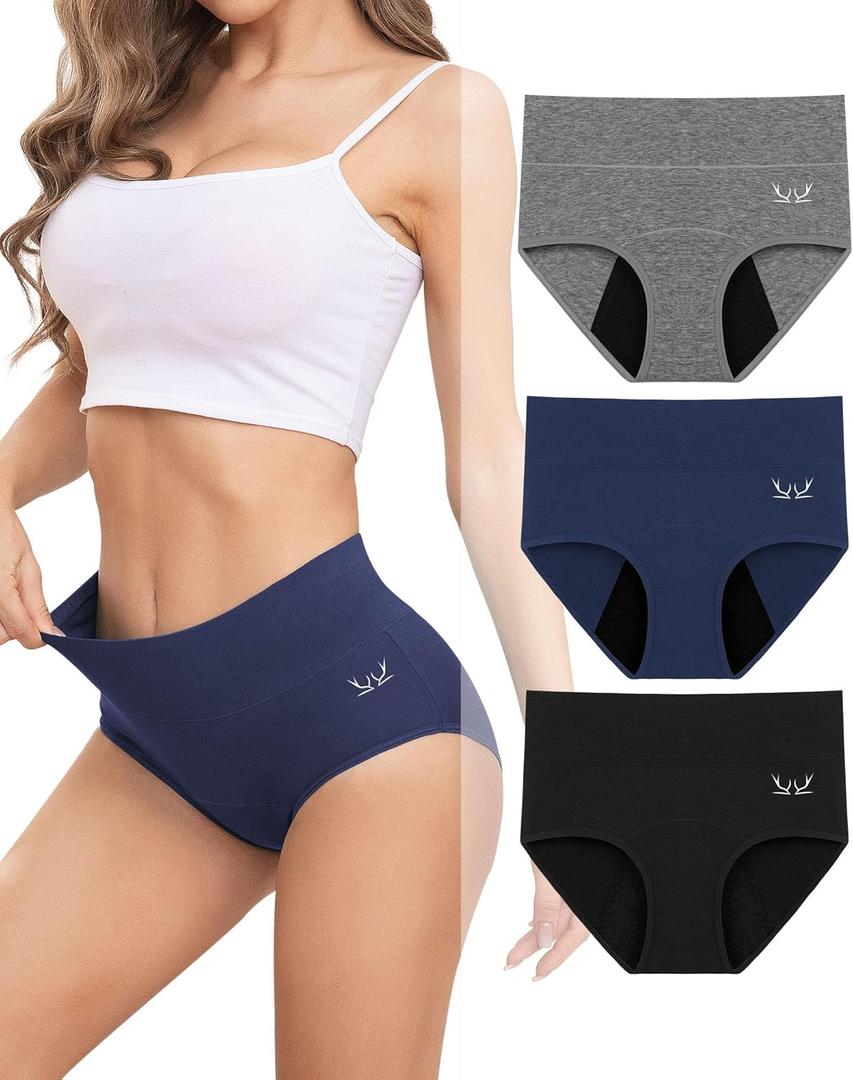 Rdiner Heavy Flow High Absorbency Period Underwear Women, Leakproof Panties Postpartum Menstrual Hipster Briefs Teens 3 Pack (Large, Black+blue+grey) Rdiner Heavy Flow High Absorbency Period Underwear Women, Leakproof Panties Postpartum Menstrual Hipster Briefs Teens 3 Pack (Large, Black+blue+grey)