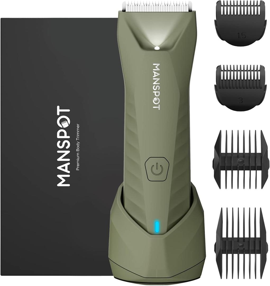 MANSPOT Manscape Trimmer for Men Ball/Pubic/Groin, Electric Body Hair Trimmer, Replaceable Ceramic Blade Heads,Waterproof for Wet/Dry Use,Standing Recharge Dock,90 Minutes Shaving After Charged(Green)