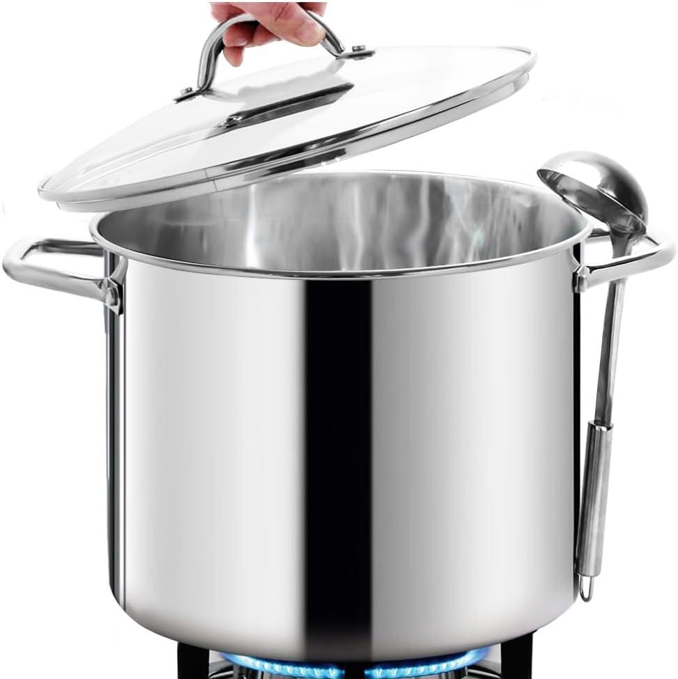 HOMICHEF 16 Quart LARGE Stock Pot with Glass Lid - NICKEL FREE Stainless Steel Healthy Cookware Stockpots with Lids 16 Quart - Mirror Polished Induction Pot - Commercial Grade Soup Pot (16 Quarts, Mirror Polished Stainless Steel)