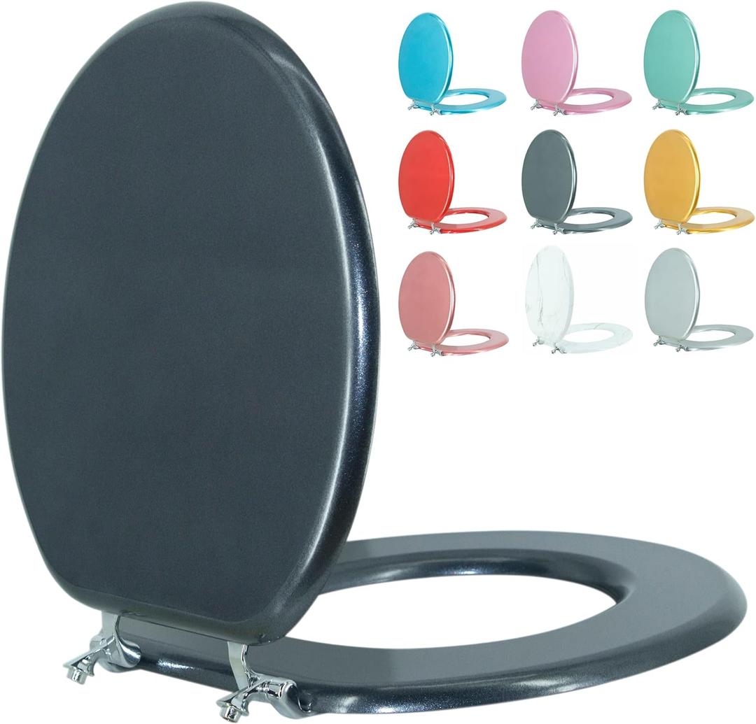 Round Toilet Seat Wood Toilet Seat Prevent Shifting with Zinc Alloy Hinges American Standard Size Toilet Seat Easy to Install also Easy to Clean(Round,Sparkling Black) (Navy Blue)