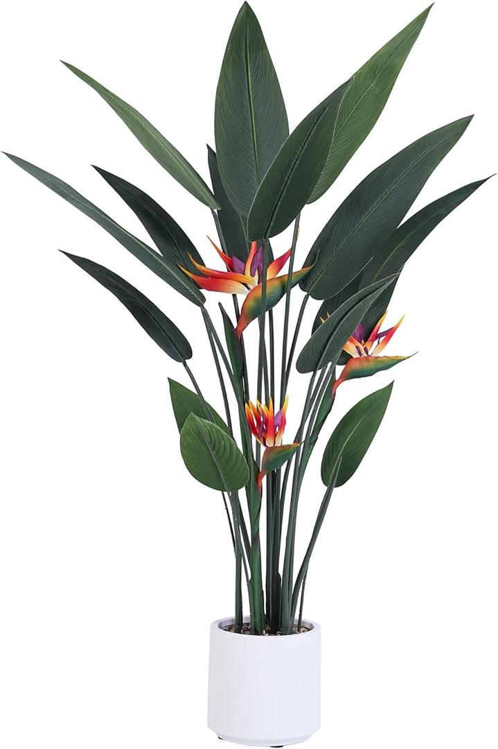 Artificial Bird of Paradise Plant 4 Ft Tall Fake Banana Leaf Plant for Indoors and Outdoors, Artificial Flowers, Faux Palm Tree with Plastic Pot for Office and Home Decor